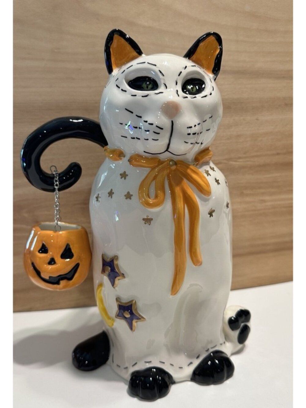 Blue Sky Clayworks Black CAT Kitten Ghost Pumpkin Ceramic Halloween Figurine